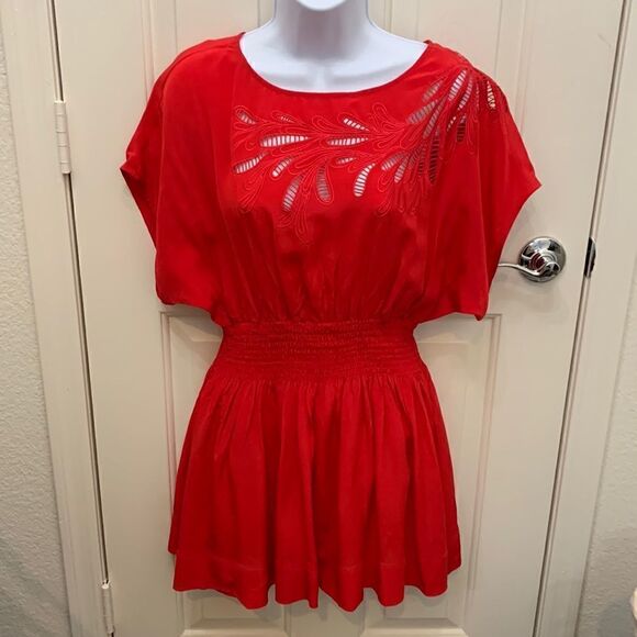 XXI Size Small/ Petite Red Scoop Neck Flutter Sleeves Elastic Waist Embroidered - Picture 1 of 11